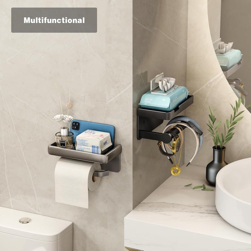 Voldra Toilet Paper Holder with Phone Shelf, Self-Adhesive or Screw-in Toilet Tissue Roll Holder Wall Mount, Rustproof & Multifunctional Bathroom Toilet Paper Holder Storage Dispenser(Black) - Image 3